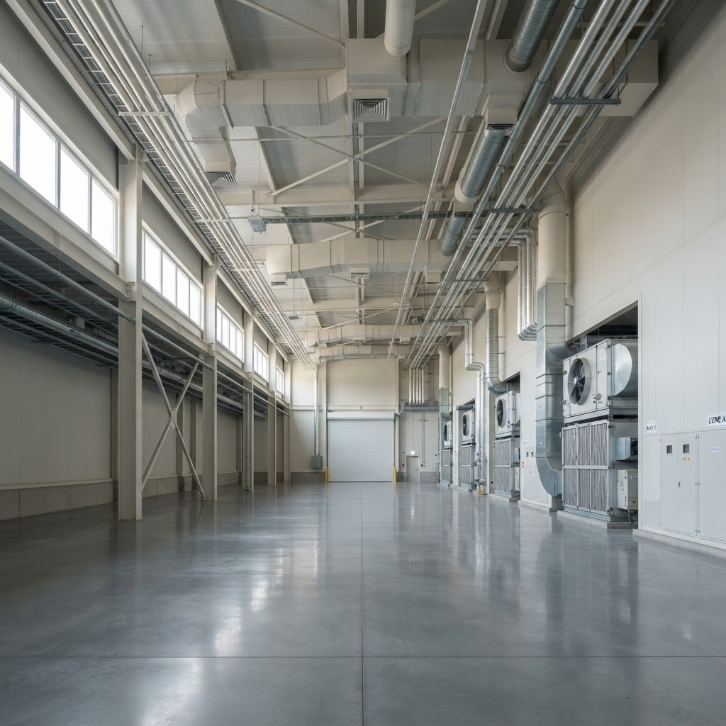 Clean industrial climate-controlled facility interior with exposed ventilation