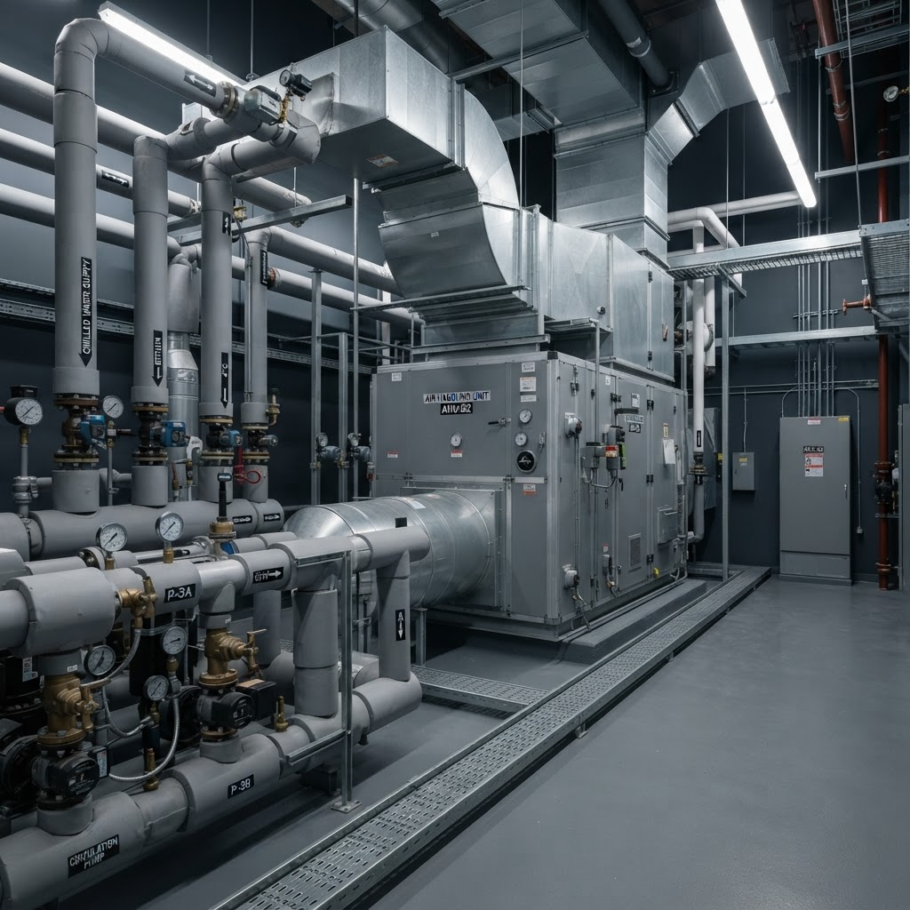 Industrial mechanical room with air handling units and insulated piping