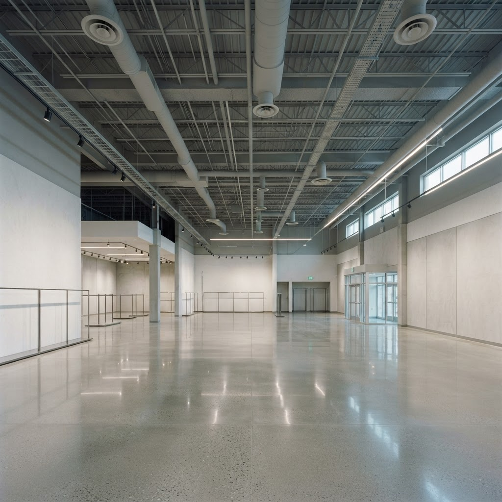Large multi-use business interior with exposed ceiling HVAC systems